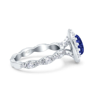 Oval Art Deco Halo Wedding Bridal Ring Simulated Blue Sapphire CZ 925 Sterling Silver